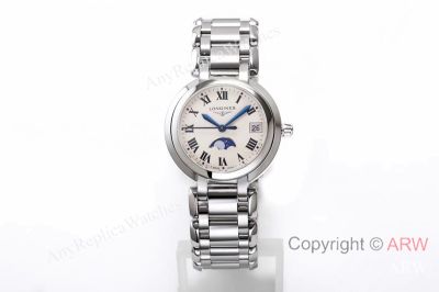 High Quality Replica LONGINES New Présence de Longines Moon Phase Ladies' Watch Stainless Steel Wave-Style Strap White With Roman Numerals & Moon Phase Function Face Dial Curved Stainless Steel Case Watch 30.5*9.4mm